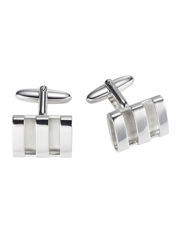 Polished & Raw Rhodium Plated Hollow Triple Band Rectangle Cufflinks image 1