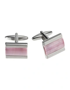 Polished Rhodium Plated Rectangle Cufflinks with Pink Cats Eye Inlay