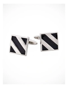 Rhodium Plated Black Striped Enamel Square Cufflinks