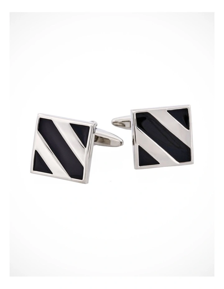 Rhodium Plated Black Striped Enamel Square Cufflinks image 1