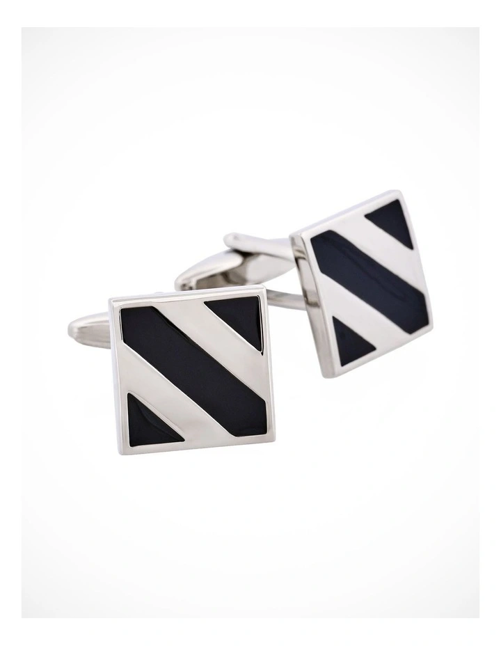 Rhodium Plated Black Striped Enamel Square Cufflinks image 2