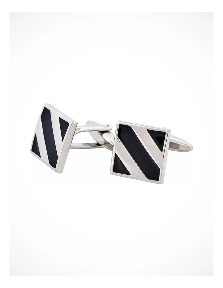 Rhodium Plated Black Striped Enamel Square Cufflinks image 3