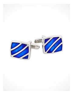 Polished Rhodium Stripe Blue Mother Of Pearl Cufflinks