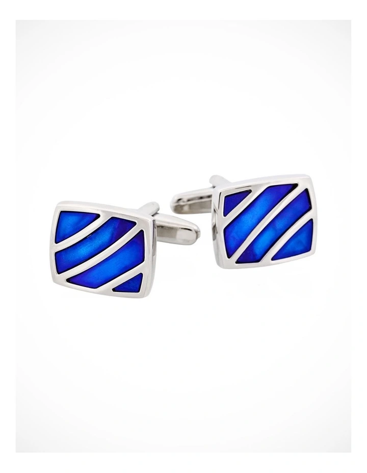 Polished Rhodium Stripe Blue Mother Of Pearl Cufflinks image 1