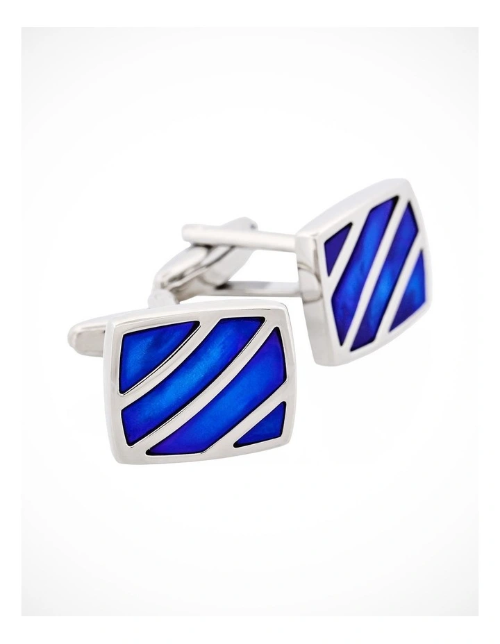 Polished Rhodium Stripe Blue Mother Of Pearl Cufflinks image 2