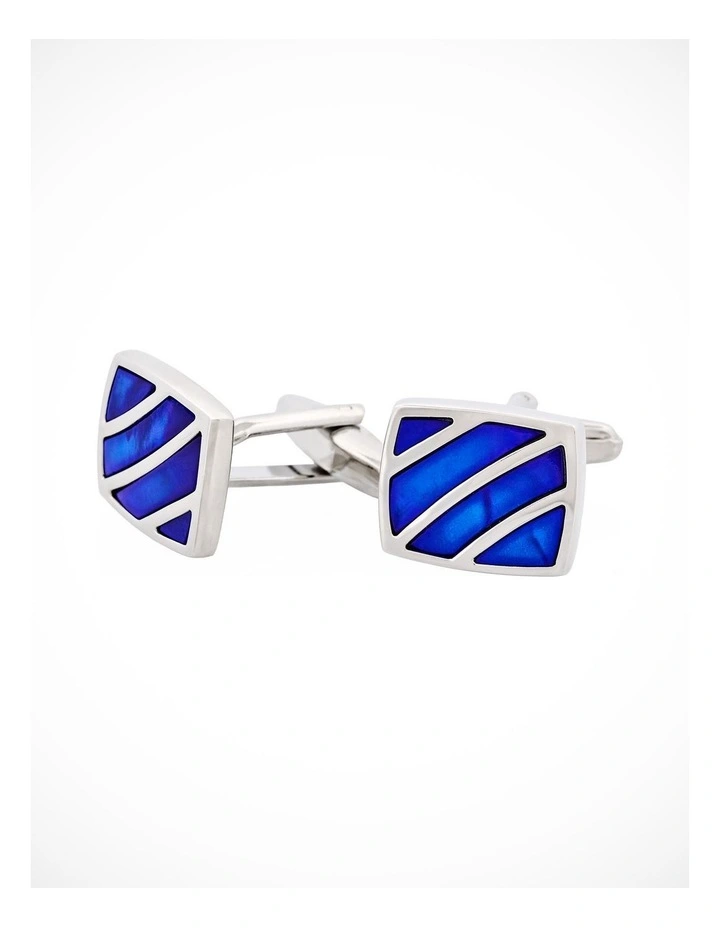 Polished Rhodium Stripe Blue Mother Of Pearl Cufflinks image 3