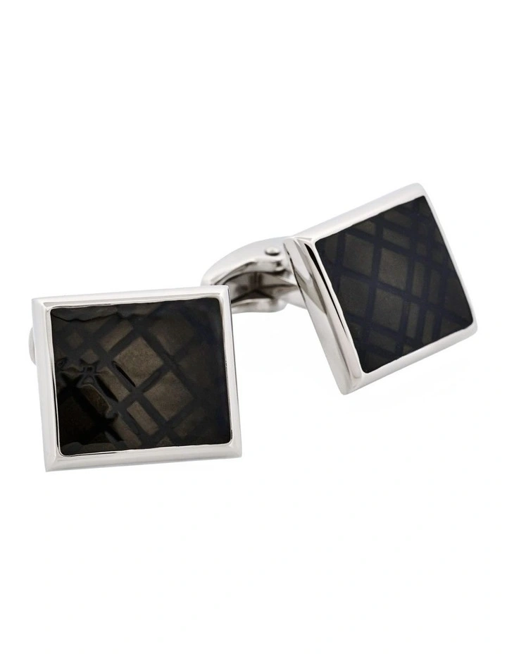 Stainless Steel & Black Enamel Check Cufflinks image 2