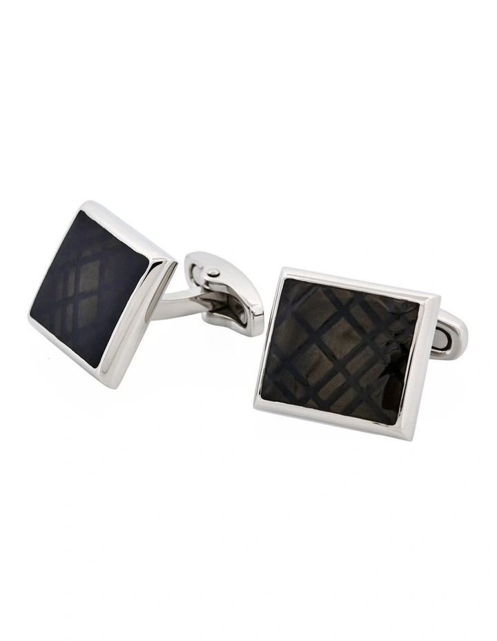 Stainless Steel & Black Enamel Check Cufflinks image 3