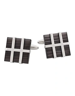 Square Polished Rhodium Plated Metal Framed Charcoal Cats Eye Cufflinks