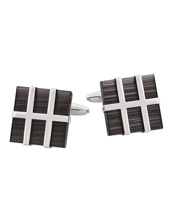 Square Polished Rhodium Plated Metal Framed Charcoal Cats Eye Cufflinks image 1