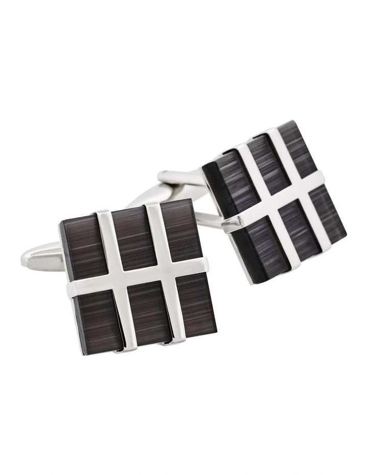 Square Polished Rhodium Plated Metal Framed Charcoal Cats Eye Cufflinks image 2