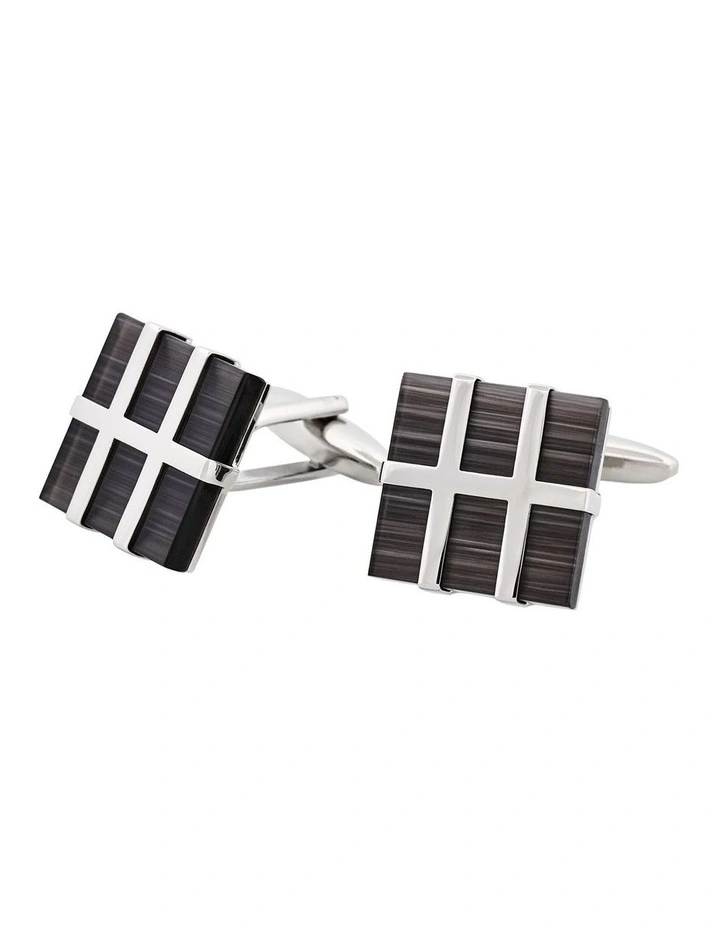 Square Polished Rhodium Plated Metal Framed Charcoal Cats Eye Cufflinks image 3
