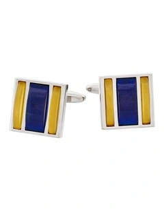 Rhodium Plated Square Gold & Navy Cats Eye Cufflinks
