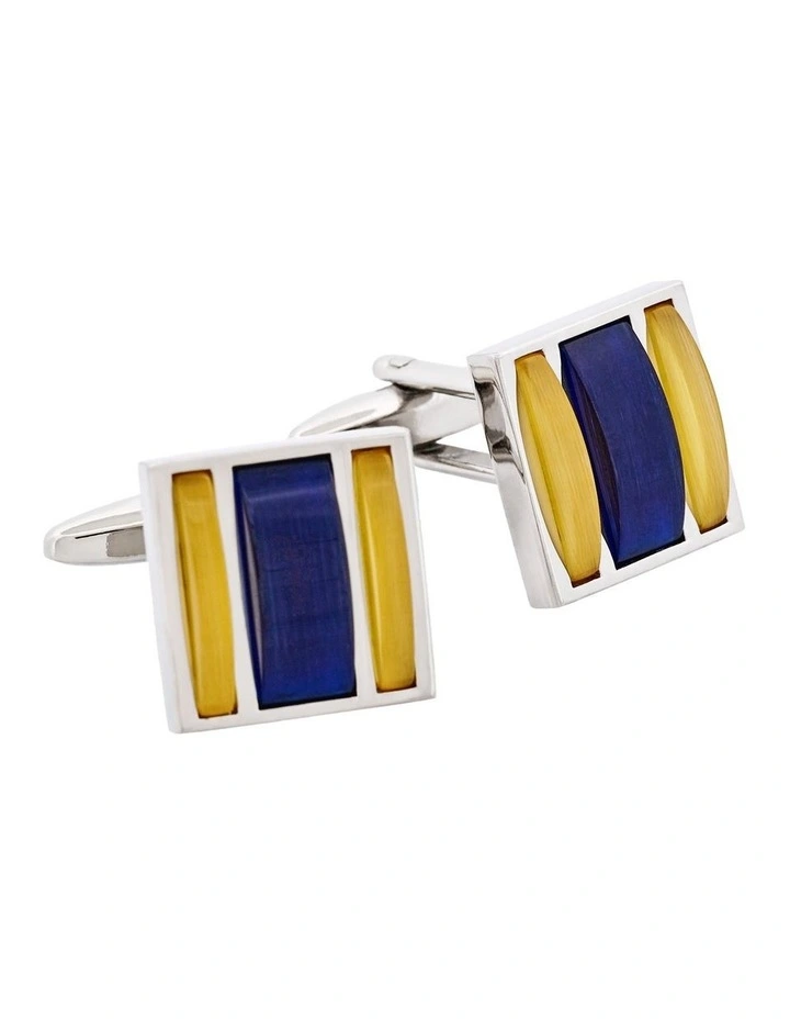 Rhodium Plated Square Gold & Navy Cats Eye Cufflinks image 2