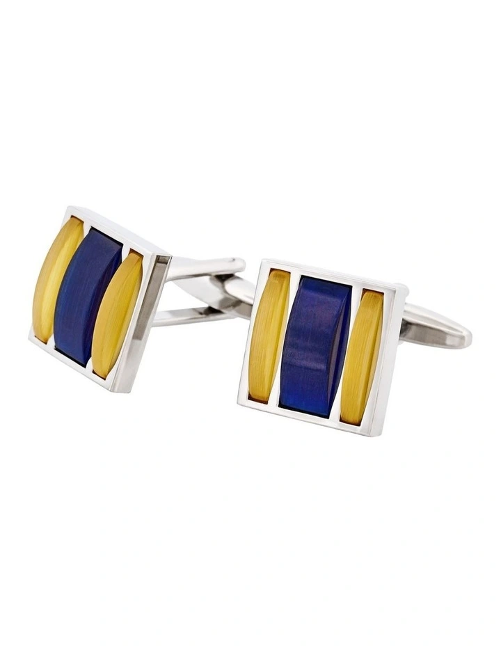 Rhodium Plated Square Gold & Navy Cats Eye Cufflinks image 3