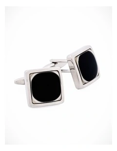 Polished Rhodium Plated Square Black & White Resin Cufflinks