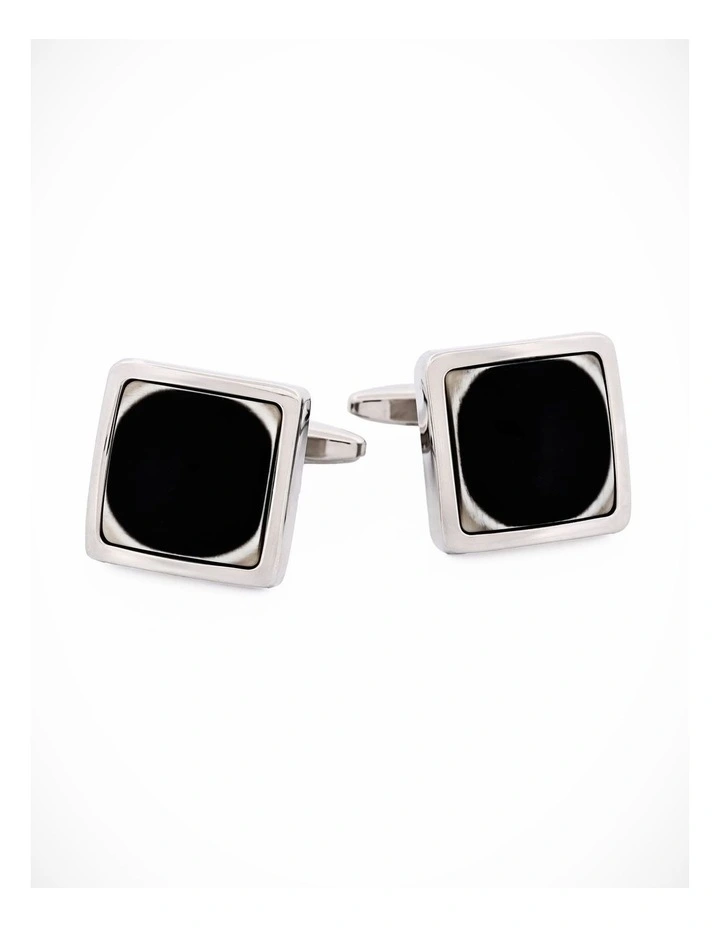 Polished Rhodium Plated Square Black & White Resin Cufflinks image 2