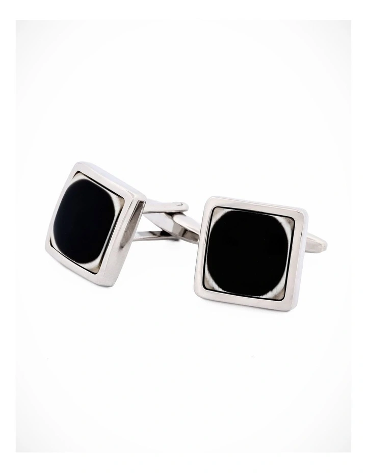Polished Rhodium Plated Square Black & White Resin Cufflinks image 3