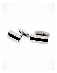 Polished Stainless & Black Enamel Stripe Cufflinks