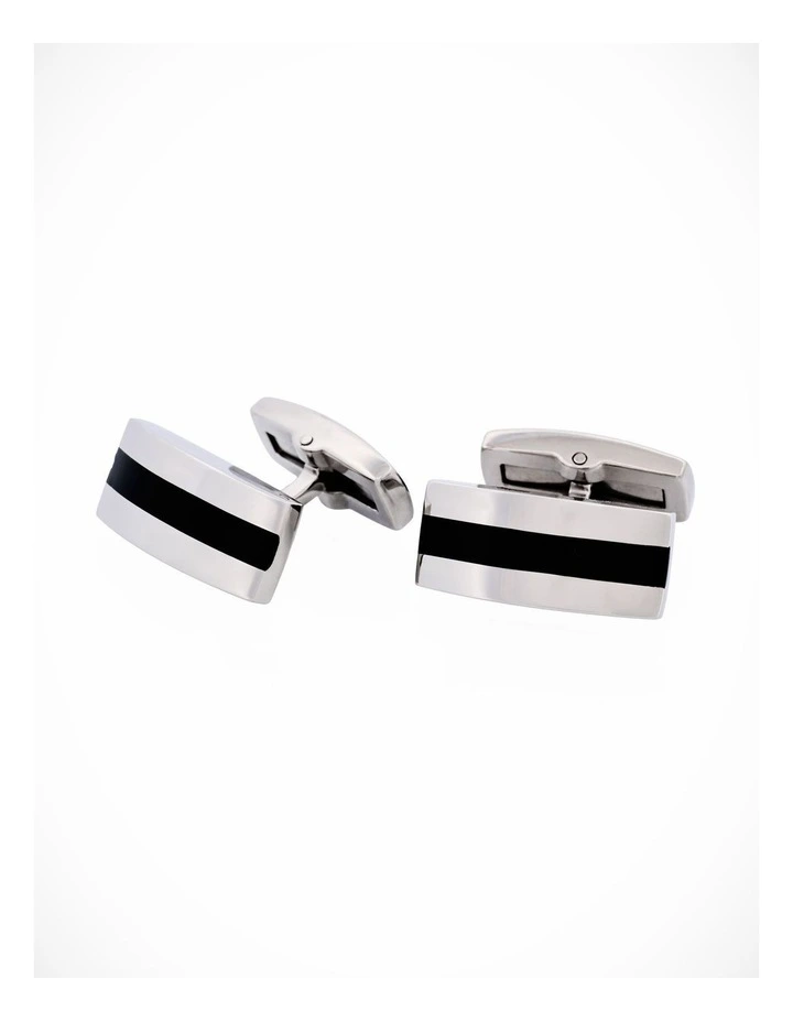 Polished Stainless & Black Enamel Stripe Cufflinks image 1