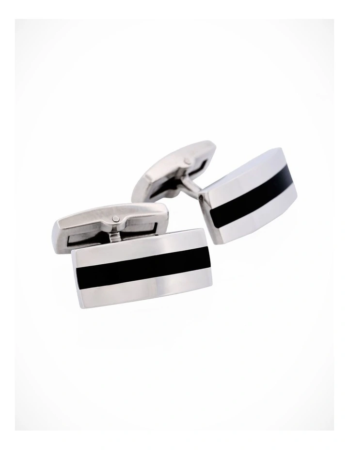 Polished Stainless & Black Enamel Stripe Cufflinks image 3