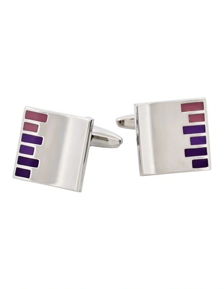 Polished Rhodium Plated Square Cufflinks with Purple & Pink Bars Enamel Inlay image 1