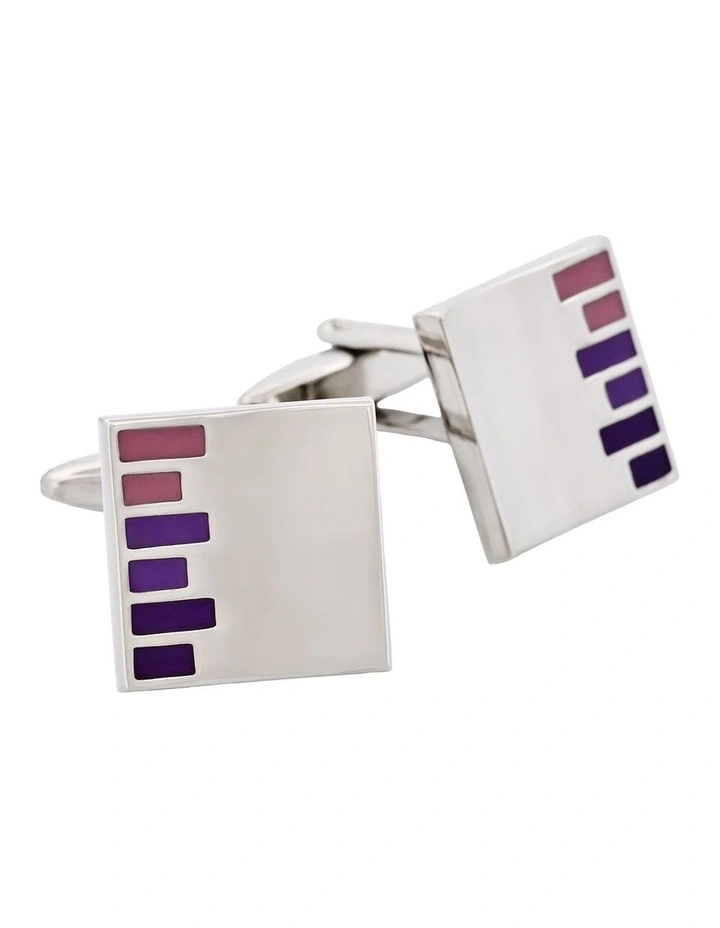 Polished Rhodium Plated Square Cufflinks with Purple & Pink Bars Enamel Inlay image 2