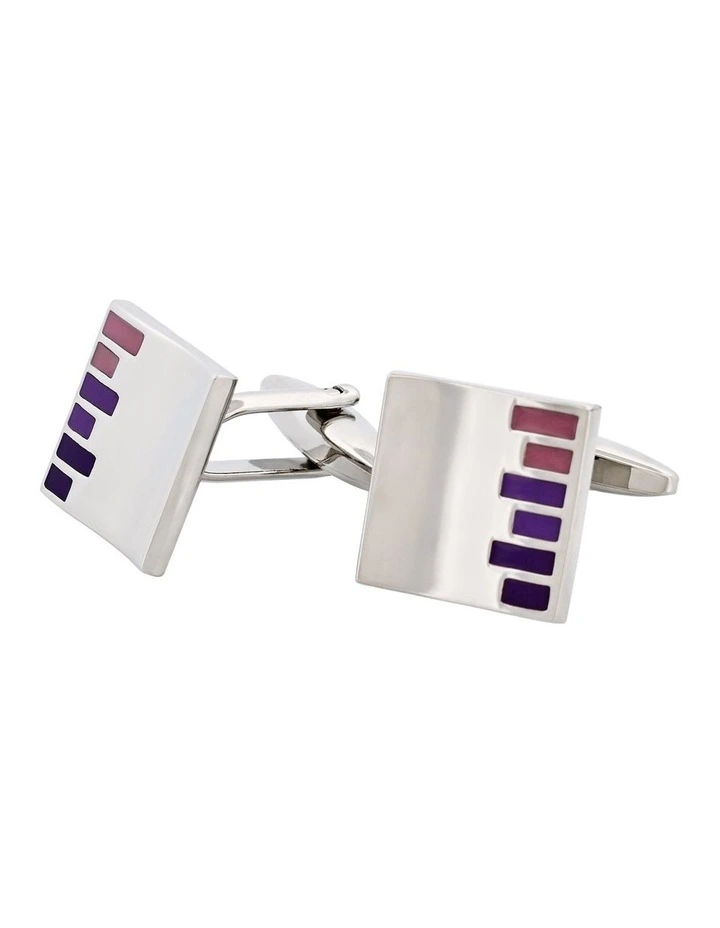 Polished Rhodium Plated Square Cufflinks with Purple & Pink Bars Enamel Inlay image 3