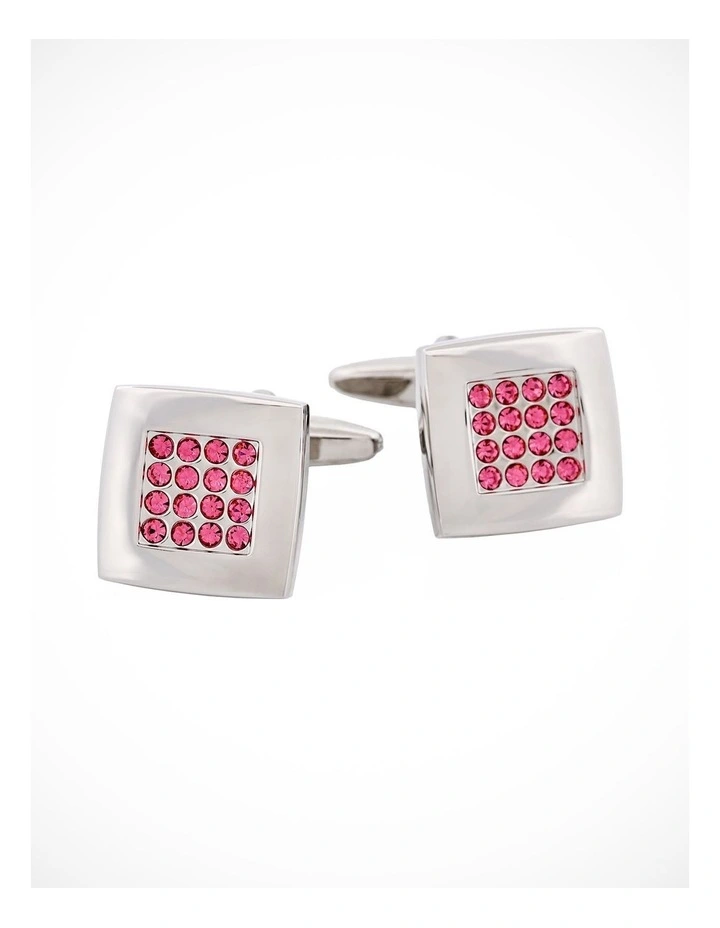 Pink Crystal Square Rhodium Plated Cufflinks image 1