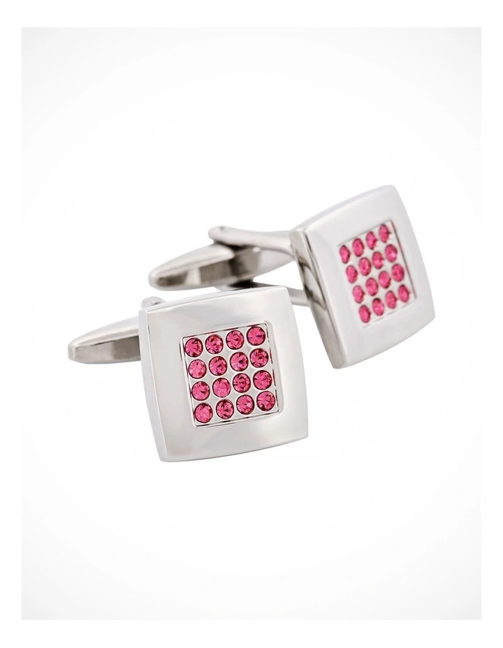 Pink Crystal Square Rhodium Plated Cufflinks image 2