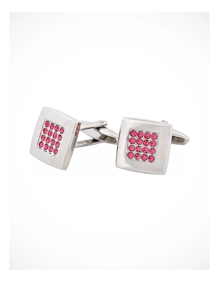 Pink Crystal Square Rhodium Plated Cufflinks image 3