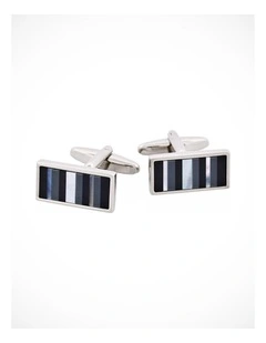 Rhodium Plated & Mop & Onyx & Grey Cats Eye Rectangle Cufflinks