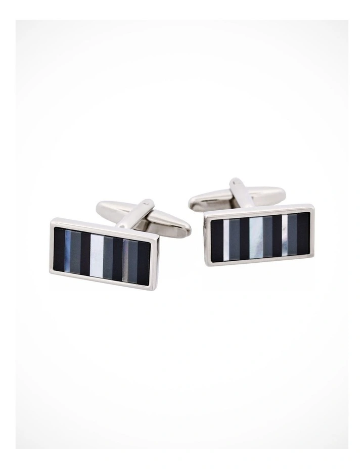 Rhodium Plated & Mop & Onyx & Grey Cats Eye Rectangle Cufflinks image 1