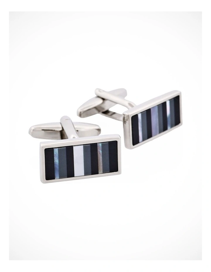 Rhodium Plated & Mop & Onyx & Grey Cats Eye Rectangle Cufflinks image 2