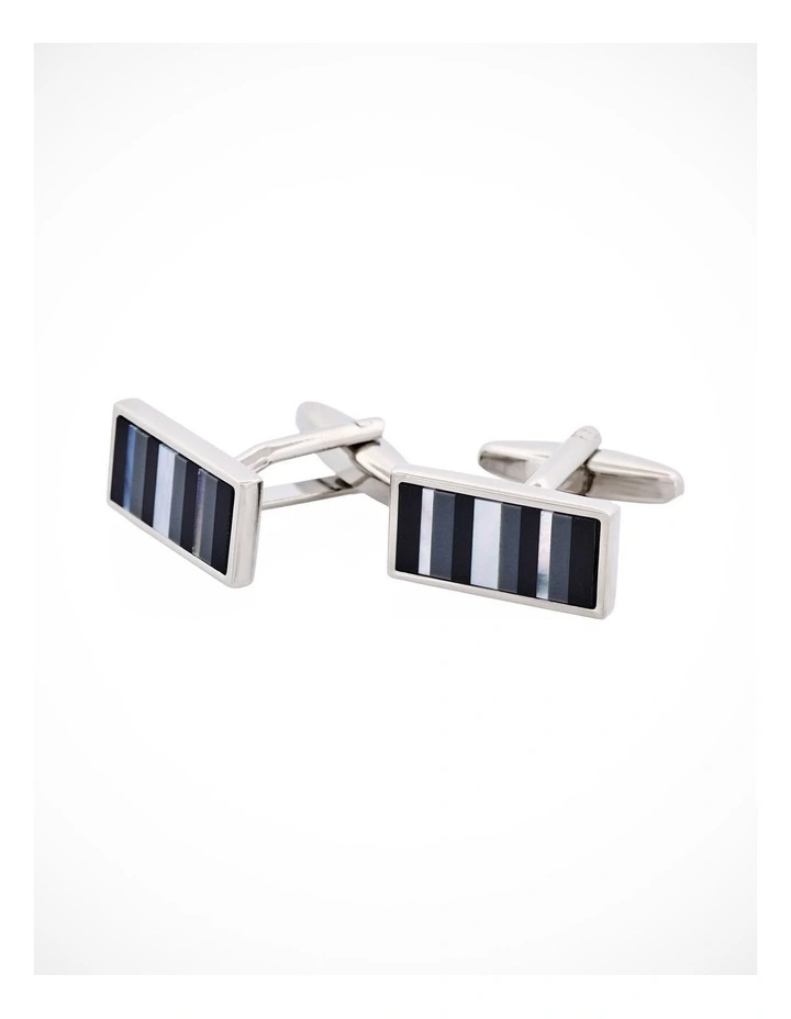 Rhodium Plated & Mop & Onyx & Grey Cats Eye Rectangle Cufflinks image 3
