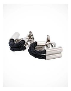 Black Leather & Rhodium Wraparound Cufflinks