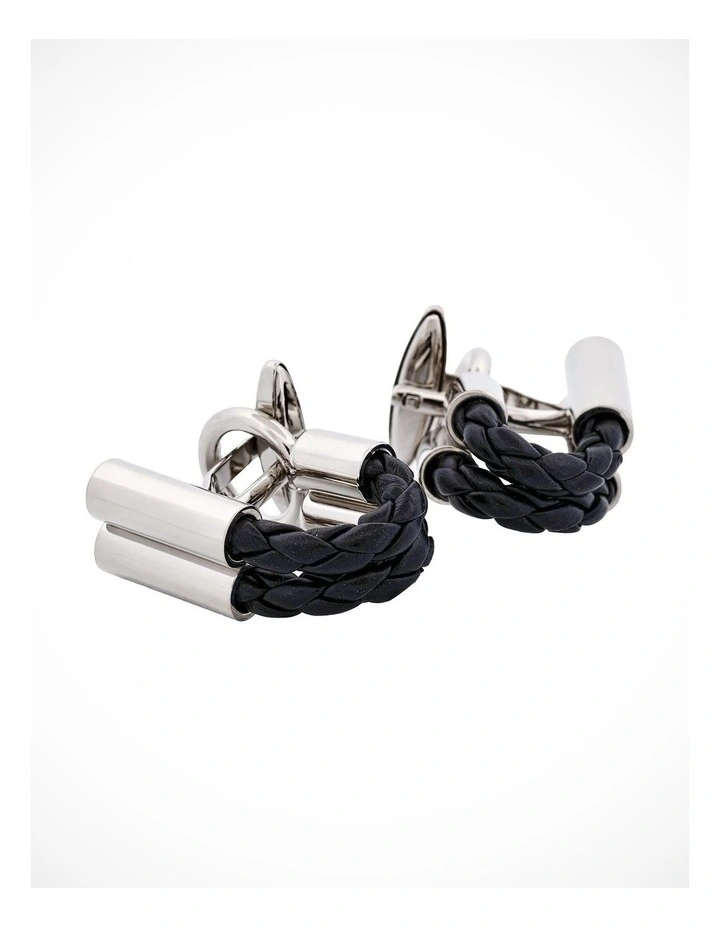 Black Leather & Rhodium Wraparound Cufflinks image 2