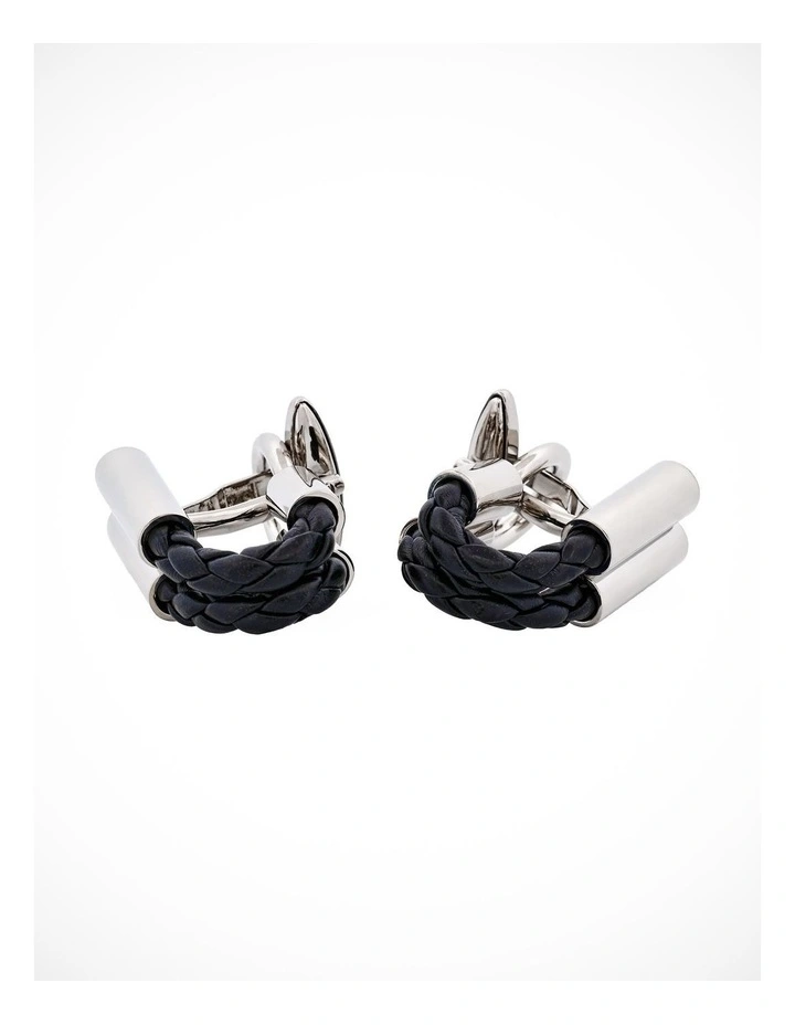 Black Leather & Rhodium Wraparound Cufflinks image 3