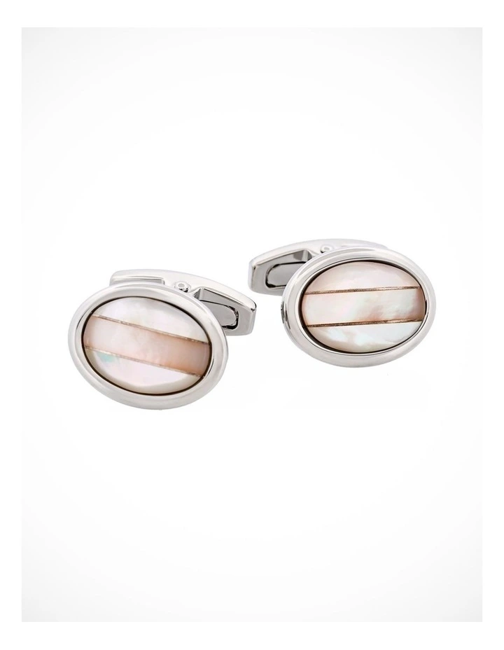 Polished Rhodium Plated Oval White & Pink Mother Of Pearl Cufflinks image 1