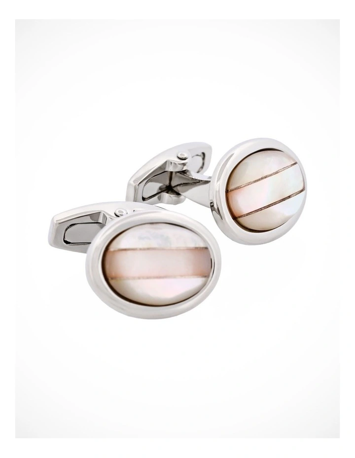 Polished Rhodium Plated Oval White & Pink Mother Of Pearl Cufflinks image 2