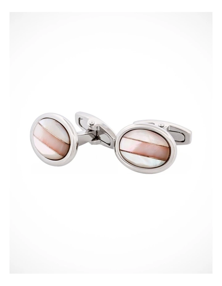 Polished Rhodium Plated Oval White & Pink Mother Of Pearl Cufflinks image 3