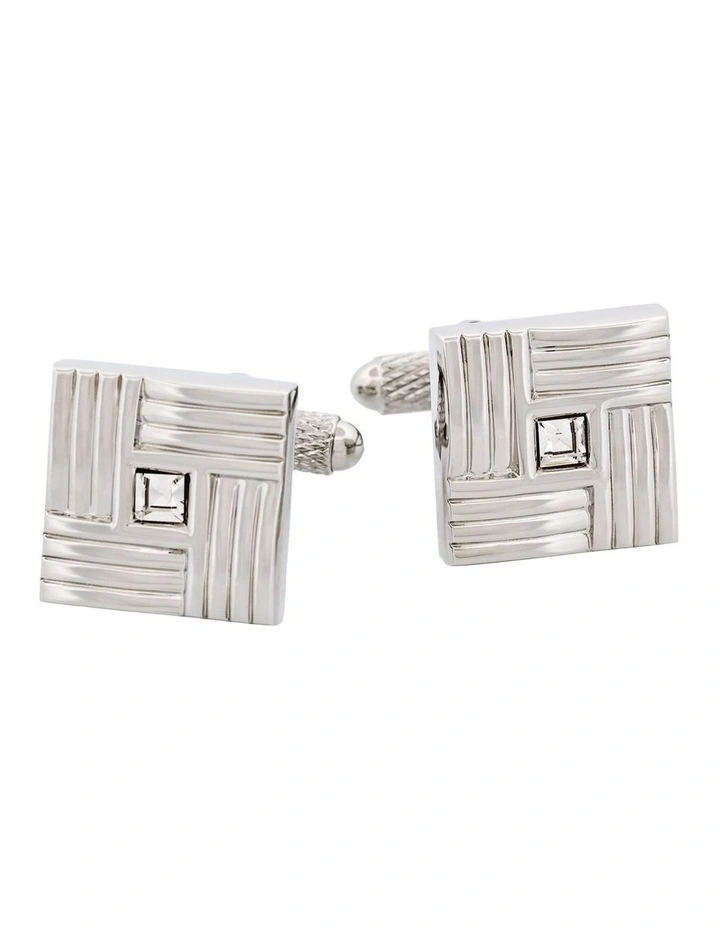 Rhodium Plated Square Patterned with Crystal Centre Cufflinks image 1