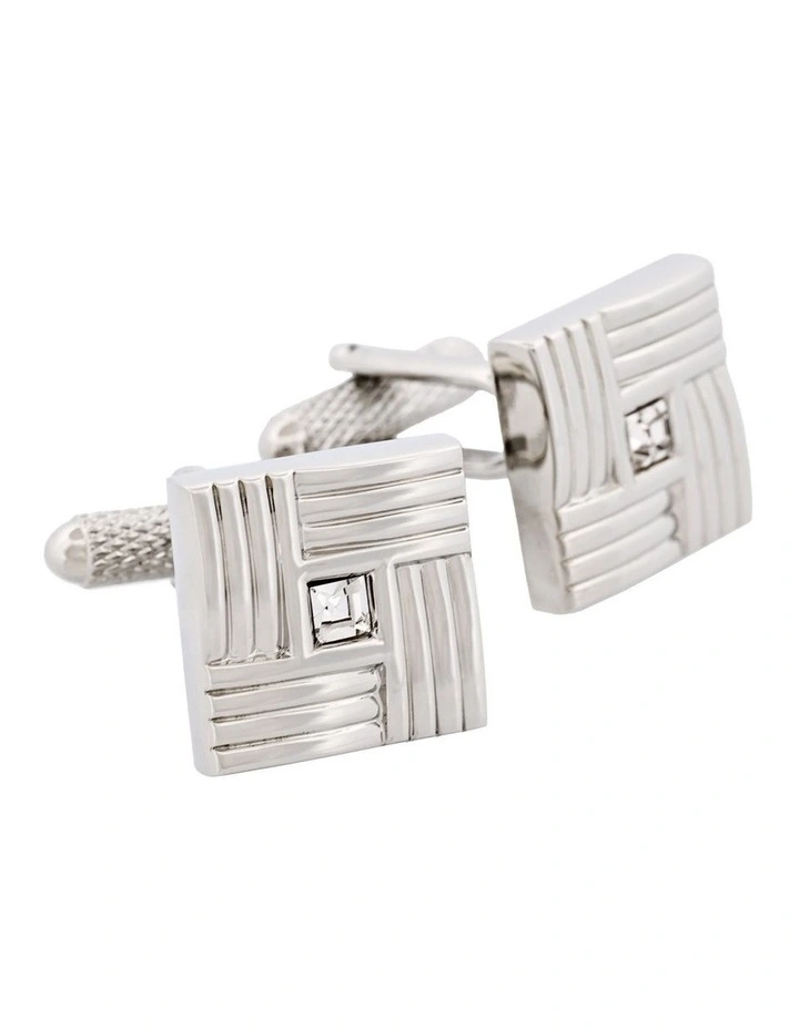 Rhodium Plated Square Patterned with Crystal Centre Cufflinks image 2