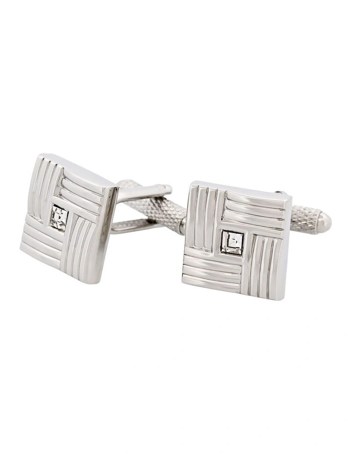 Rhodium Plated Square Patterned with Crystal Centre Cufflinks image 3