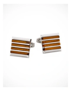 Polished Rhodium Plated Square Cufflinks with 4 Tiger Eye Striped Inlays