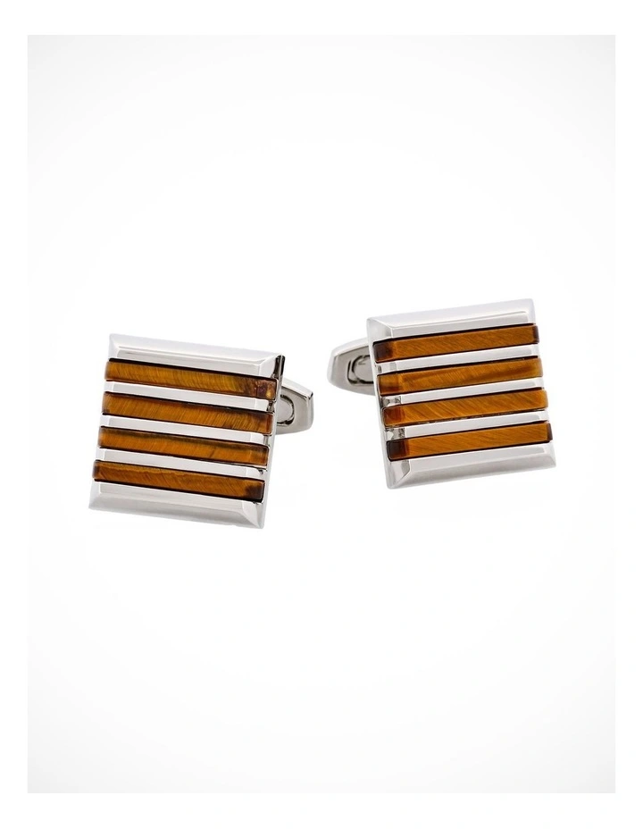 Polished Rhodium Plated Square Cufflinks with 4 Tiger Eye Striped Inlays image 1