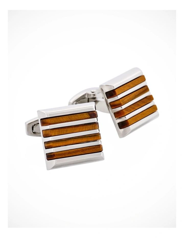 Polished Rhodium Plated Square Cufflinks with 4 Tiger Eye Striped Inlays image 2
