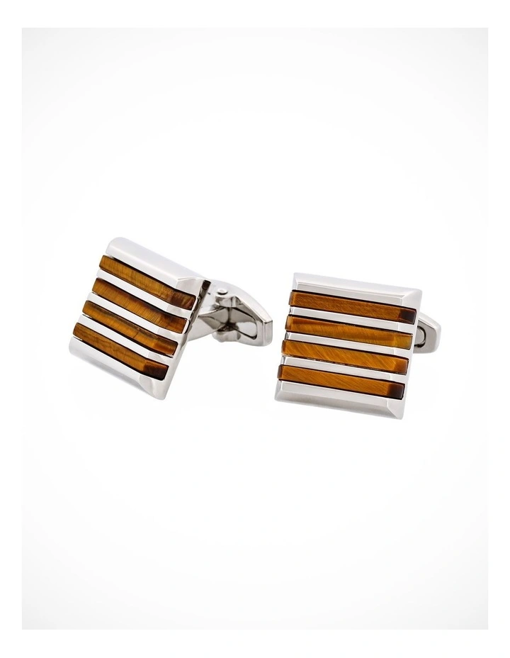 Polished Rhodium Plated Square Cufflinks with 4 Tiger Eye Striped Inlays image 3