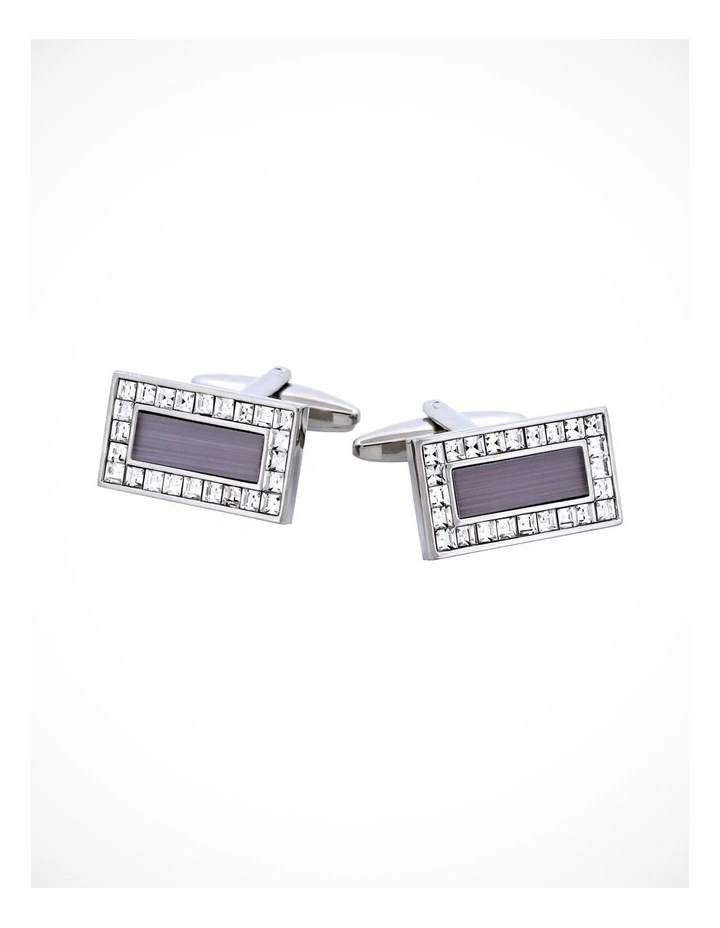 Rhodium Plated Grey Cats Eye & Crystal Rectangle Cufflinks image 1