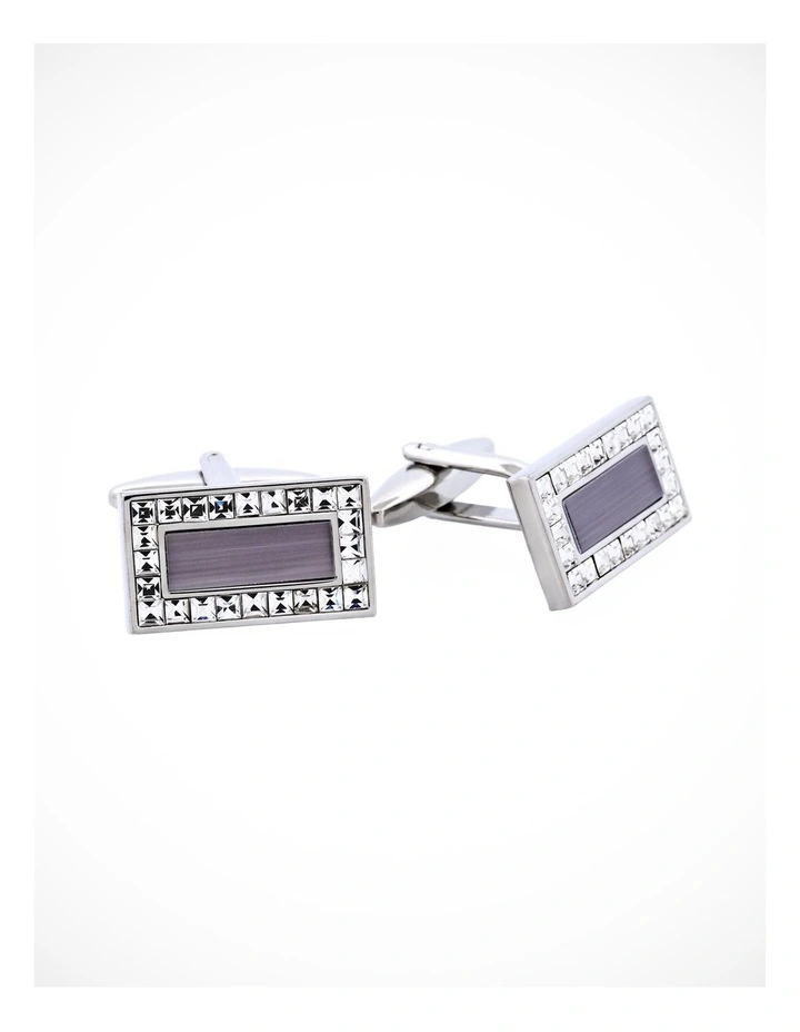 Rhodium Plated Grey Cats Eye & Crystal Rectangle Cufflinks image 2